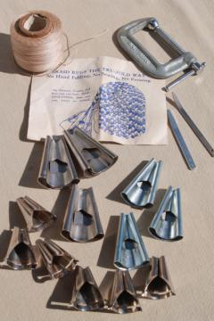 catalog photo of lot of rug making tools, cones & instruction leaflet to make braided rugs