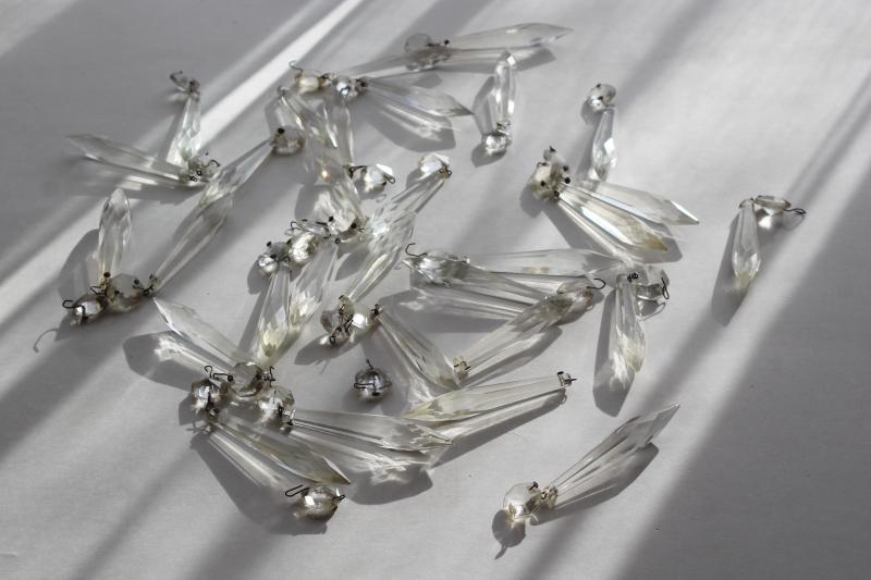 photo of lot of salvaged vintage glass chandelier prisms, spear point faceted lusters #1