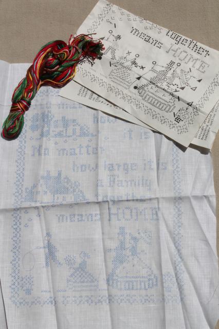 photo of lot of sampler kits w/ embroidery thread, cross stitch samplers stamped on linen & cotton fabric #5