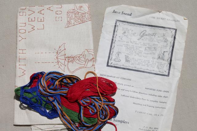 photo of lot of sampler kits w/ embroidery thread, cross stitch samplers stamped on linen & cotton fabric #7