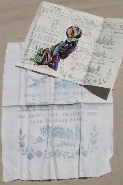 photo of lot of sampler kits w/ embroidery thread, cross stitch samplers stamped on linen & cotton fabric #10