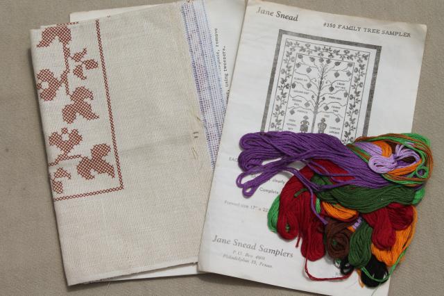 photo of lot of sampler kits w/ embroidery thread, cross stitch samplers stamped on linen & cotton fabric #12