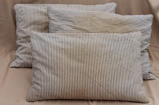 photo of lot of shabby country feather pillows, primitive old blue stripe cotton ticking fabric #1