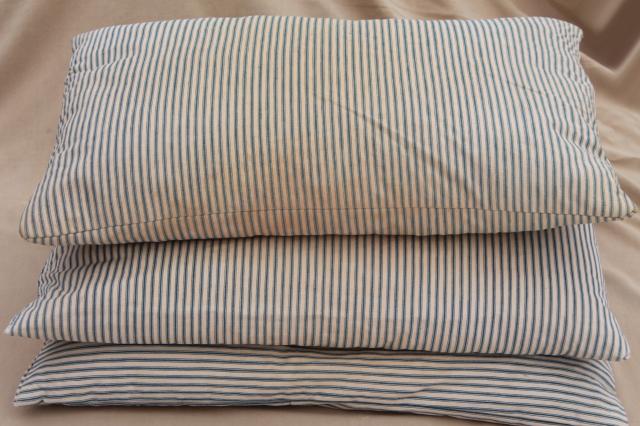 photo of lot of shabby country feather pillows, primitive old blue stripe cotton ticking fabric #3