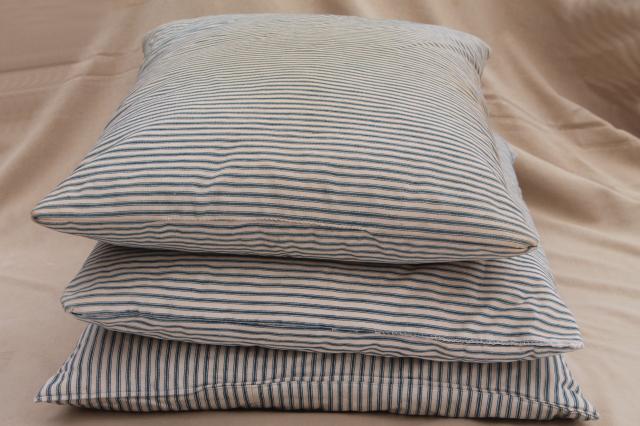 photo of lot of shabby country feather pillows, primitive old blue stripe cotton ticking fabric #4