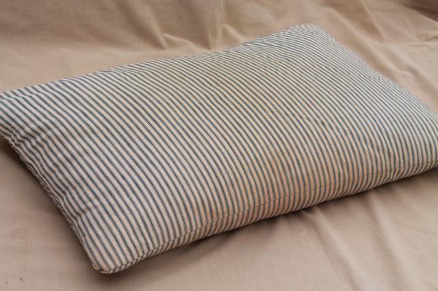 photo of lot of shabby country feather pillows, primitive old blue stripe cotton ticking fabric #5