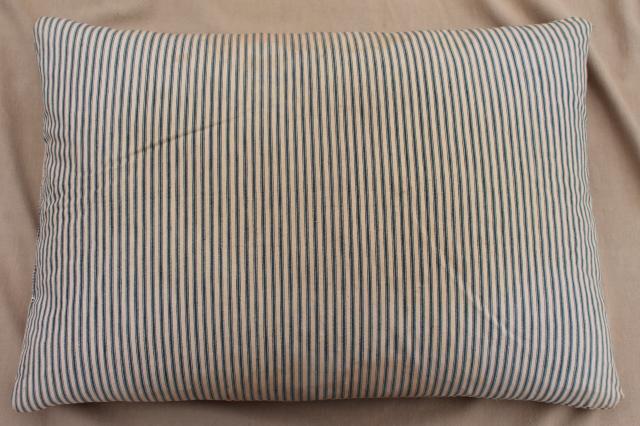 photo of lot of shabby country feather pillows, primitive old blue stripe cotton ticking fabric #6