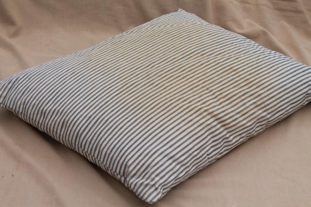 photo of lot of shabby country feather pillows, primitive old blue stripe cotton ticking fabric #7