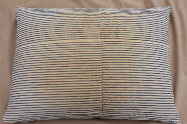 photo of lot of shabby country feather pillows, primitive old blue stripe cotton ticking fabric #8