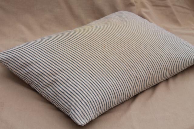 photo of lot of shabby country feather pillows, primitive old blue stripe cotton ticking fabric #9