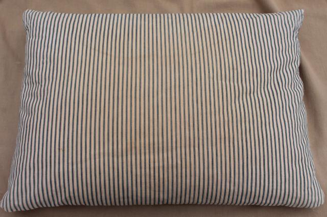 photo of lot of shabby country feather pillows, primitive old blue stripe cotton ticking fabric #10