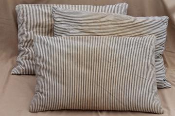 catalog photo of lot of shabby country feather pillows, primitive old blue stripe cotton ticking fabric