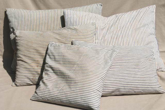 photo of lot of shabby country feather pillows, primitive old blue stripe cotton ticking fabric #1