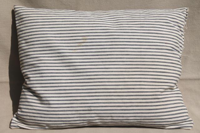 photo of lot of shabby country feather pillows, primitive old blue stripe cotton ticking fabric #2