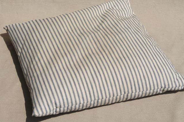 photo of lot of shabby country feather pillows, primitive old blue stripe cotton ticking fabric #3