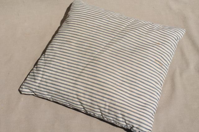 photo of lot of shabby country feather pillows, primitive old blue stripe cotton ticking fabric #4