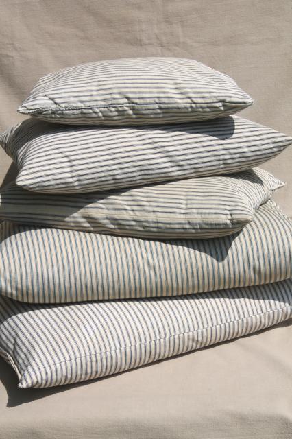 photo of lot of shabby country feather pillows, primitive old blue stripe cotton ticking fabric #5