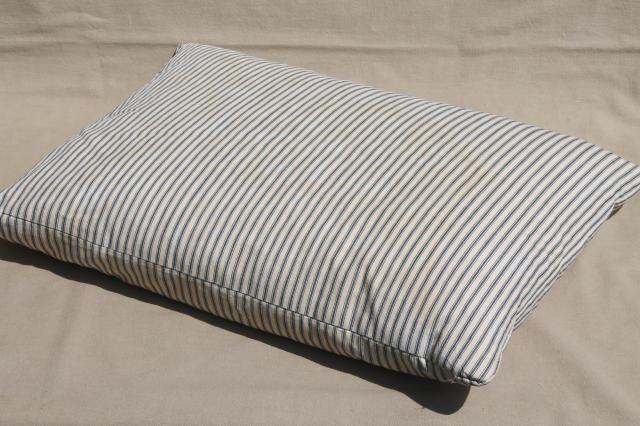 photo of lot of shabby country feather pillows, primitive old blue stripe cotton ticking fabric #6