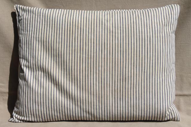 photo of lot of shabby country feather pillows, primitive old blue stripe cotton ticking fabric #7