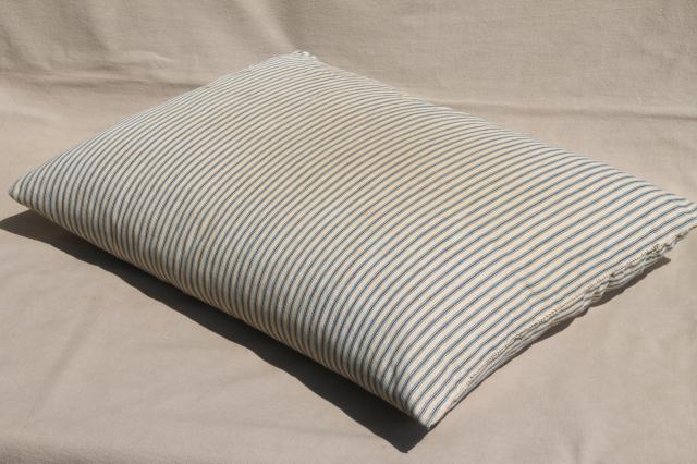 photo of lot of shabby country feather pillows, primitive old blue stripe cotton ticking fabric #8