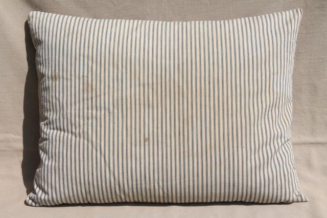 photo of lot of shabby country feather pillows, primitive old blue stripe cotton ticking fabric #9