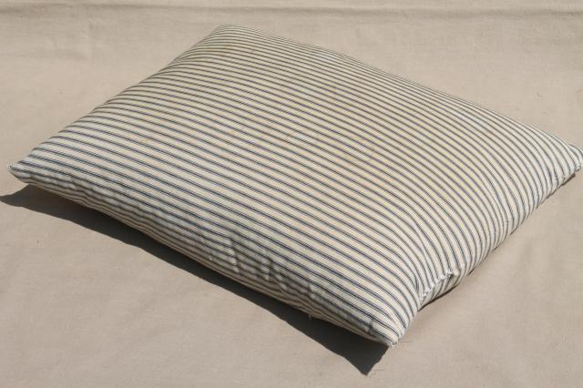 photo of lot of shabby country feather pillows, primitive old blue stripe cotton ticking fabric #10