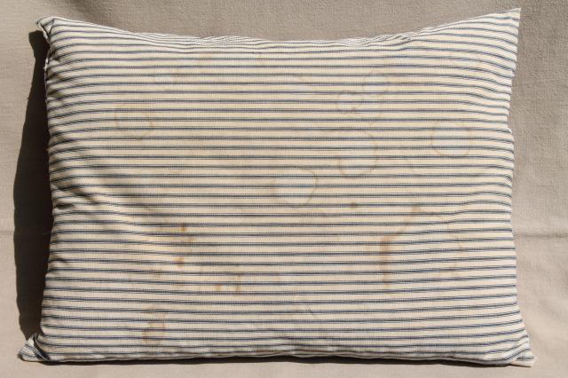 photo of lot of shabby country feather pillows, primitive old blue stripe cotton ticking fabric #11