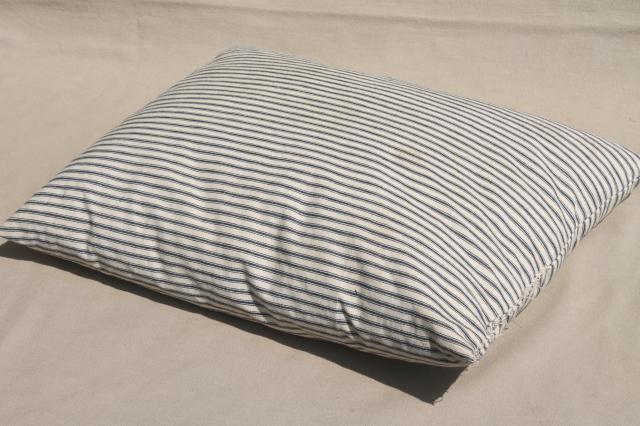 photo of lot of shabby country feather pillows, primitive old blue stripe cotton ticking fabric #12