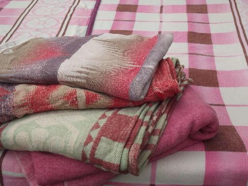 photo of lot of shabby old cotton blend camp blankets, indian blanket designs #1