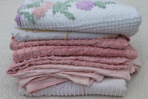 photo of lot of shabby vintage cotton chenille bedspreads, cutters to re-purpose for fabric #1