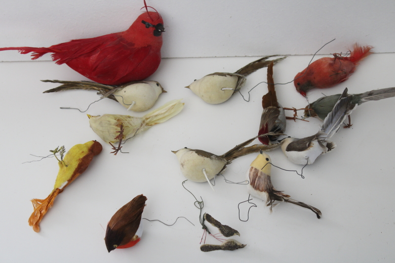 photo of lot of shabby vintage feather birds, ornaments or decorations for wreaths, holiday crafting etc #1