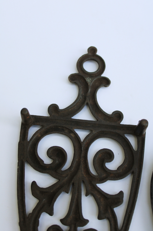 photo of lot of three old cast iron trivets for sadirons or pots & pans, vintage kitchen wall art #8