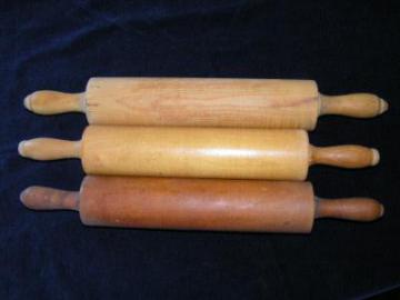 catalog photo of lot of three old wood rolling pins from an farm kitchen