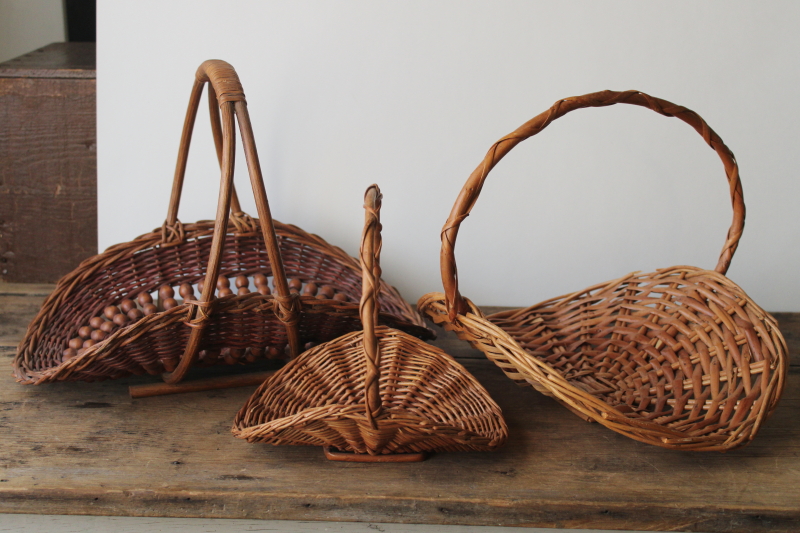 photo of lot of three vintage flower gathering baskets, farm garden trug shallow basket shape  #1