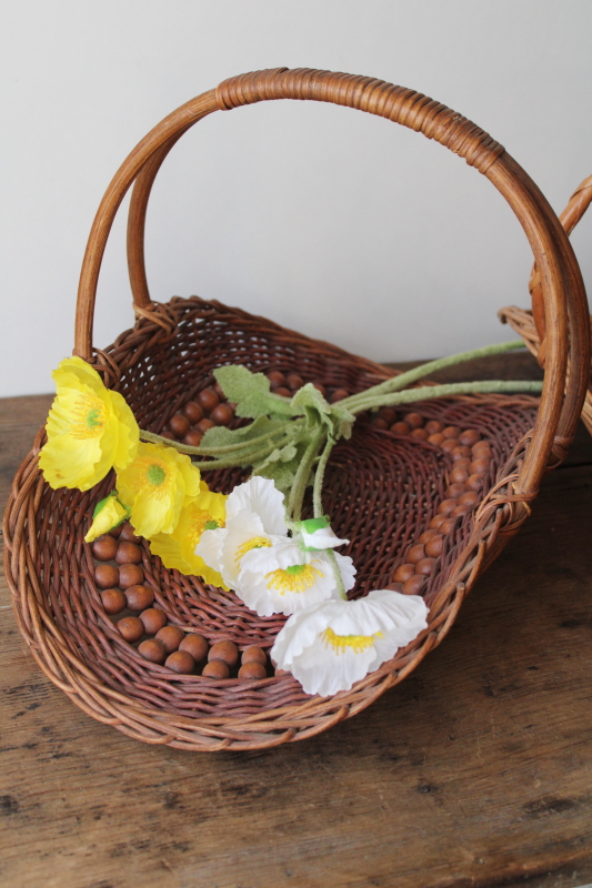 photo of lot of three vintage flower gathering baskets, farm garden trug shallow basket shape  #3