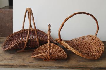 catalog photo of lot of three vintage flower gathering baskets, farm garden trug shallow basket shape 