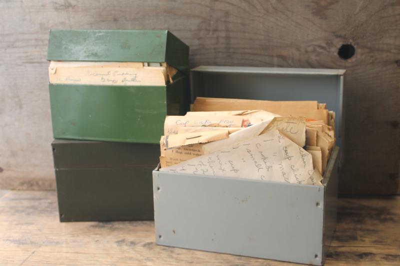 photo of lot of three vintage recipe boxes stuffed full of old recipes, some hand written cards #1