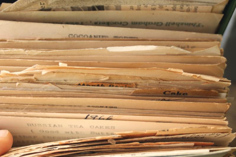 photo of lot of three vintage recipe boxes stuffed full of old recipes, some hand written cards #3