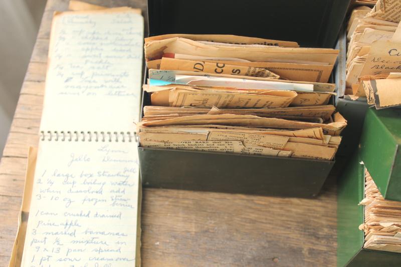 photo of lot of three vintage recipe boxes stuffed full of old recipes, some hand written cards #7