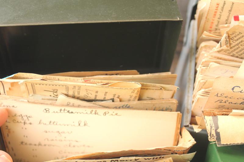 photo of lot of three vintage recipe boxes stuffed full of old recipes, some hand written cards #9