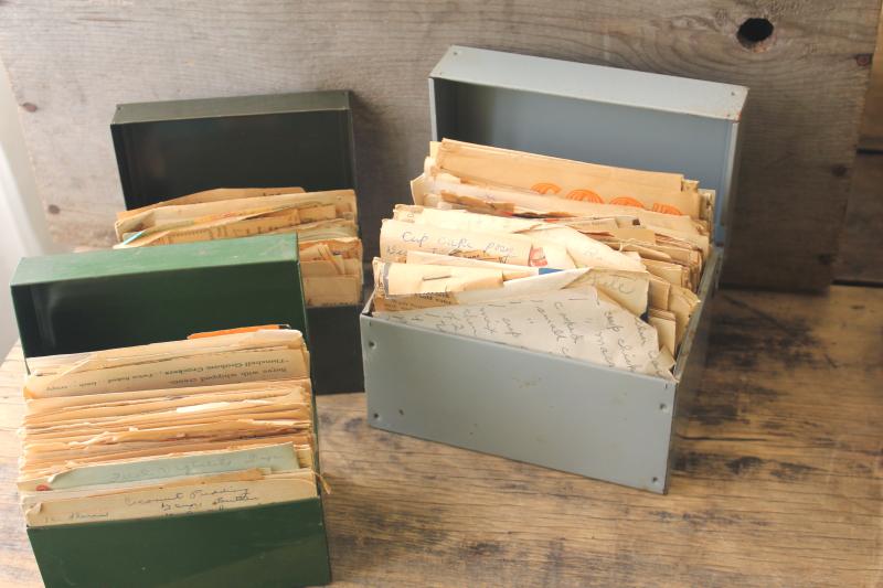 photo of lot of three vintage recipe boxes stuffed full of old recipes, some hand written cards #12