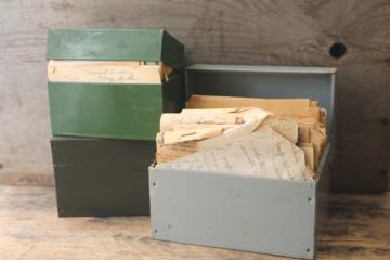 catalog photo of lot of three vintage recipe boxes stuffed full of old recipes, some hand written cards