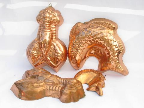 photo of lot of tinned copper molds, french country kitchen style, fish & lobsters #1