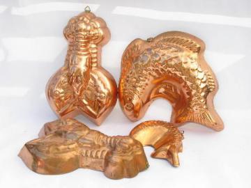 catalog photo of lot of tinned copper molds, french country kitchen style, fish & lobsters