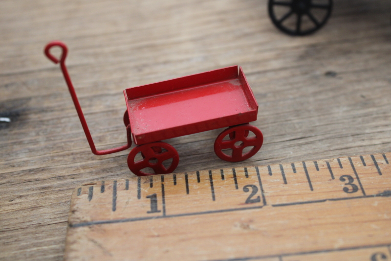 photo of lot of tiny miniature toy wagons for ornaments or dollhouses, Radio Flyer, metal little red wagon etc  #2