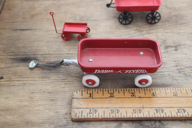 photo of lot of tiny miniature toy wagons for ornaments or dollhouses, Radio Flyer, metal little red wagon etc  #4