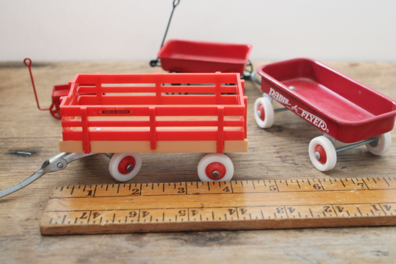 photo of lot of tiny miniature toy wagons for ornaments or dollhouses, Radio Flyer, metal little red wagon etc  #6