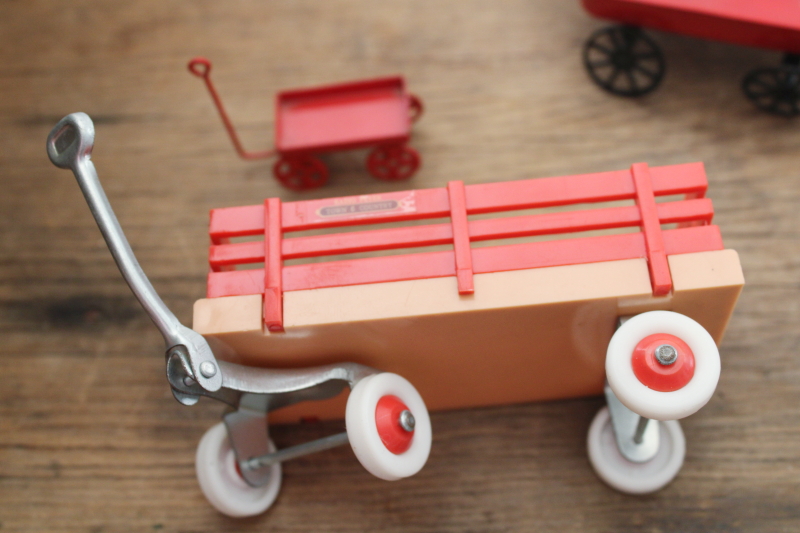 photo of lot of tiny miniature toy wagons for ornaments or dollhouses, Radio Flyer, metal little red wagon etc  #7
