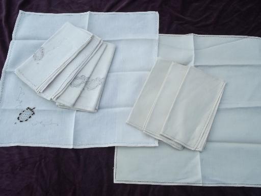 photo of lot of two sets vintage linen dinner napkins, embroidery and hemstitching #1