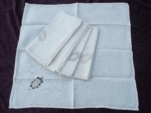 photo of lot of two sets vintage linen dinner napkins, embroidery and hemstitching #2